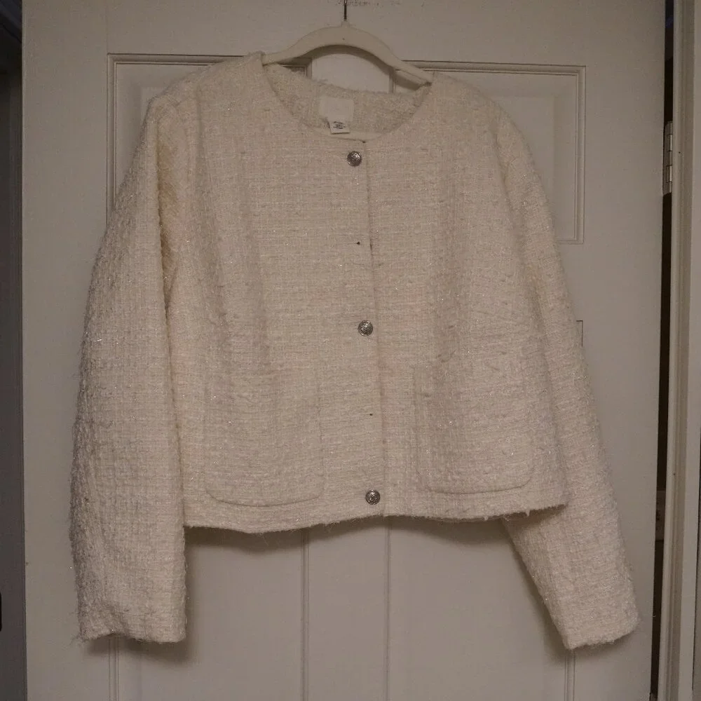 Cream Textured Bouclé Cropped Lady Jacket XXL White Sparkle Button Front - Picture 1 of 5